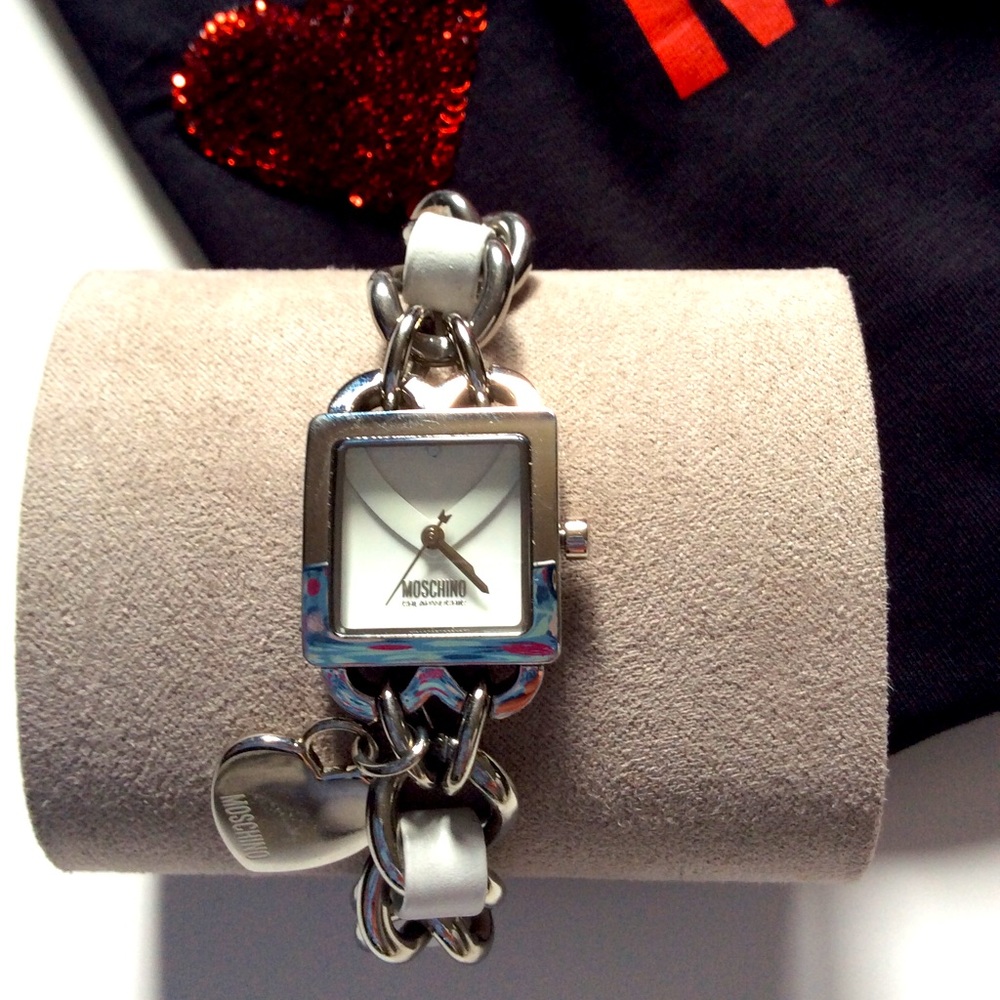 Moschino Silver Chain-Link Bracelet Watch w/ Heart Charm